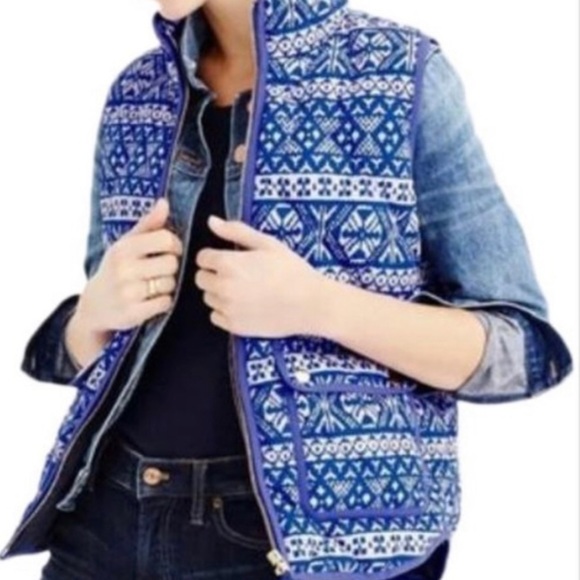 J. Crew Jackets & Blazers - J.Crew Women's Small Blue Fair Isle Down Puffer Vest Jacket Zip Quilted Winter